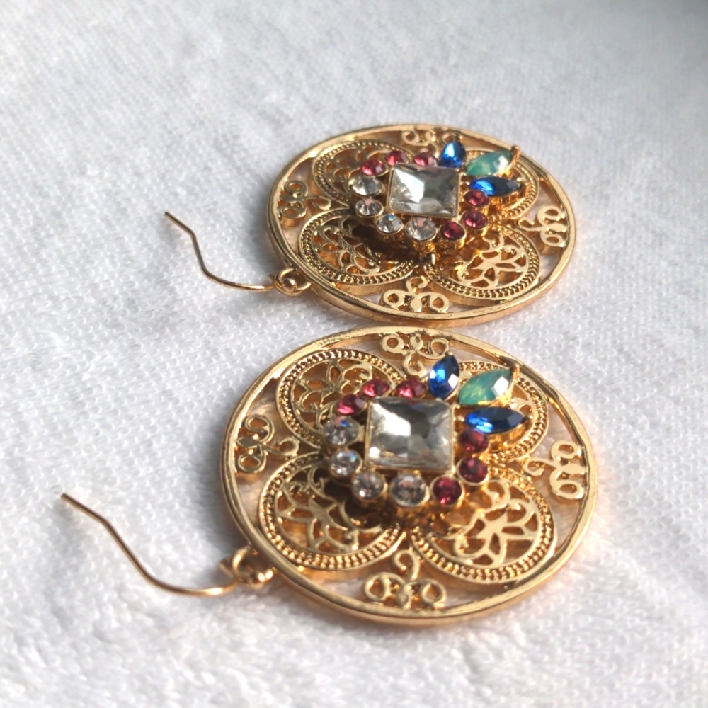 ♥️ Multicolor gem gold round dangling earrings